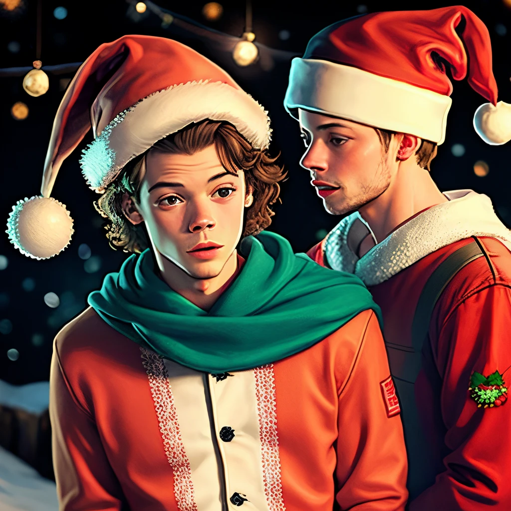 Harry Styles ghostface with a Santa hat and Louis Tomlinson Christmas scene photorealistic