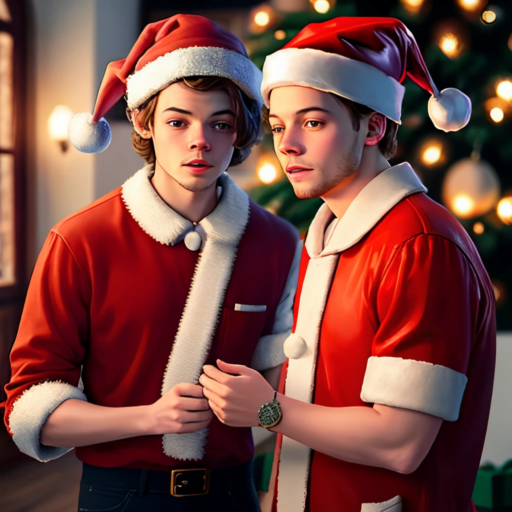 Harry Styles ghostface with a Santa hat and Louis Tomlinson Christmas scene photorealistic