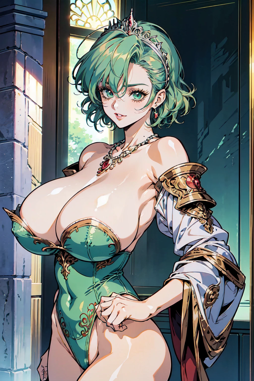 "(masterpiece:1.1), best quality,
1girl, (80s anime style:1.3), (eyelashes:1.5), (:1.2),
(intricate high detailed body:1.2),
(green hair:1.1), (hair slicked back:1.2), (short hair, wavy hair:1.1), (tiara:1.2),
green eyes, (red lip stick:1.3),
(pale skin:1.3), (curvy body:1.1), (gigantic breasts:1.5),
(angry, smile:1.2),
(silver embroidery leotard armor:1.2), (garter belt:1.2),
(belts:1.1), (streaked hair:1.2), crystal necklace,
standing,
(upper body, cowboy shot, looking at viewer, from front:1.1),
medieval tavern"