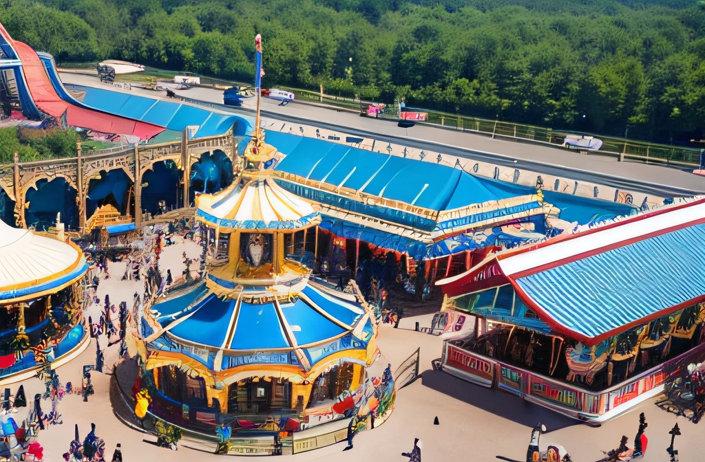 large theme park,roller coasters,Ferris wheel,carousel horses,bird's eyes view,tmasterpiece,Best quality at best,