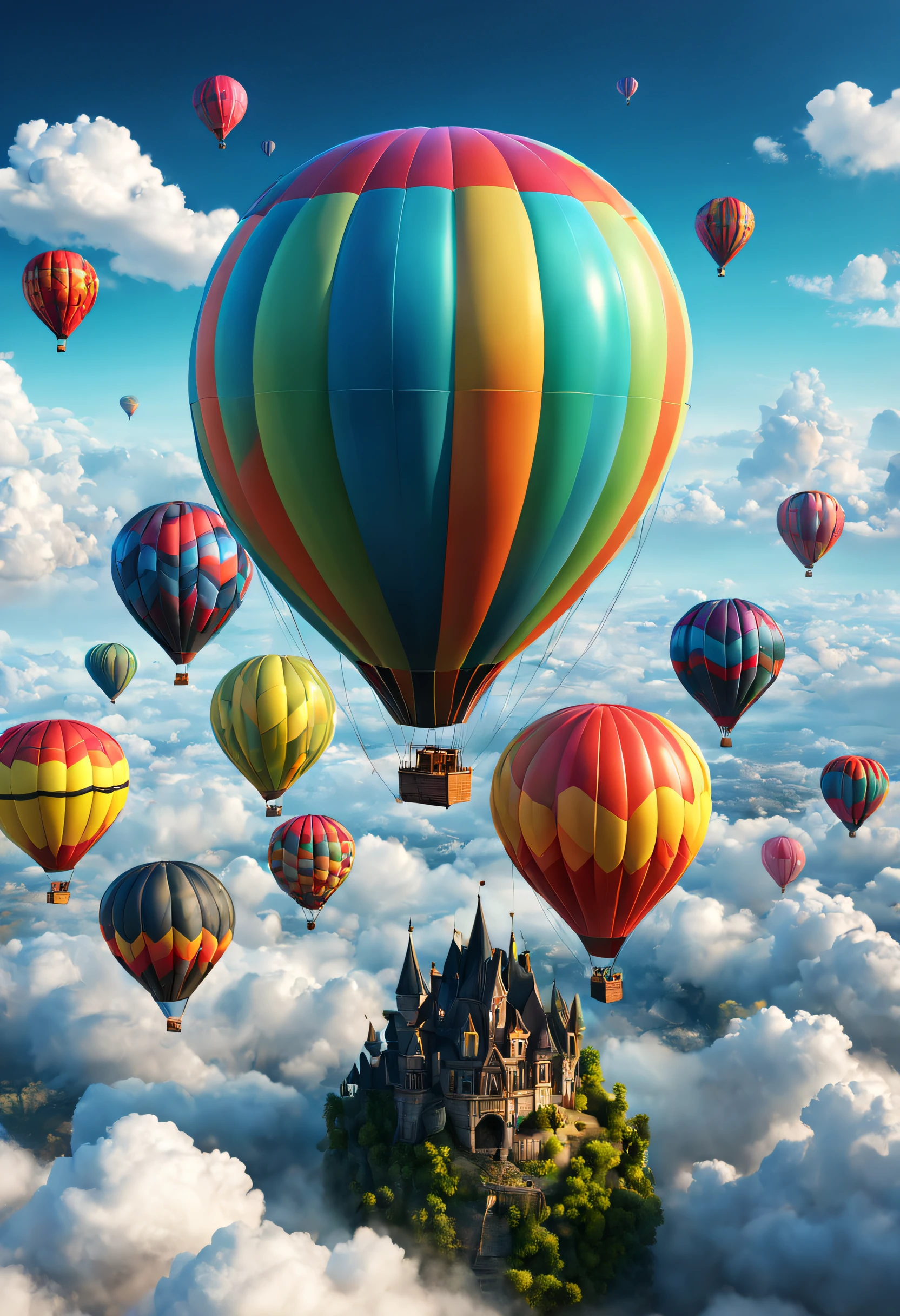 Strange hot air balloons,Colorful,In the clouds,beautiful sky,Surreal,Epic dreams,a fairy world,illuminations,high high quality,a 3D render,ultra - detailed,realistically,vibrant with colors,Amazing lighting,Balloon with eyes