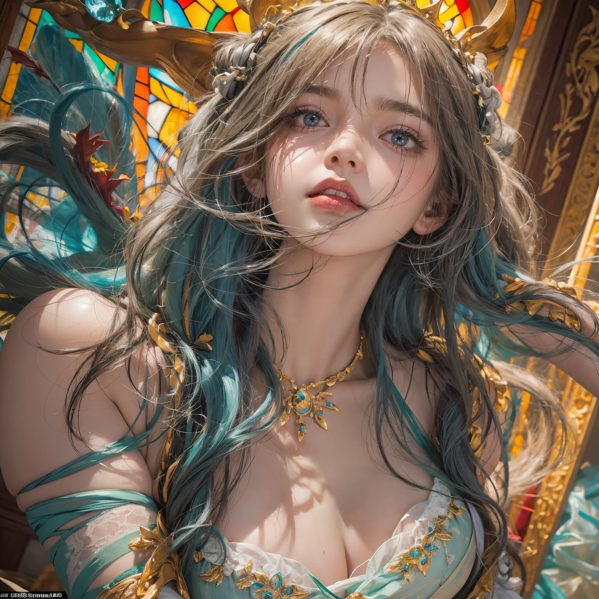 ( Masterpiece:1.25, exposed:1.2, White and vivid colors, navel), (sexy junior idol), ((face variations)), portrayed in the best quality and high resolution. The image should be ultra-detailed, realistic, and photorealistic with a touch of rawness. back lighting, colorful Light shines through delicate stained glass. The medium can be a combination of photography and concept art. The color tone should be vibrant and vivid, enhancing the overall visual impact. Whole Body proportions and all limbs are anatomically accurate, (nipple:-0.9) .