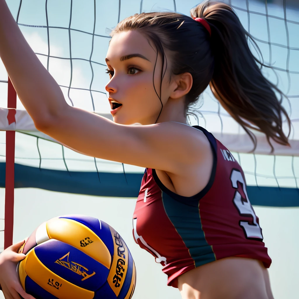 Kristin Kreuk, (Digital Painting),(Best Quality), 1girl in,Volleyball uniform,Cute face,Trained shredded veiny abs, heavily muscled legs, wet skins sweat,Volleyball Venues,Dramatic light,from above