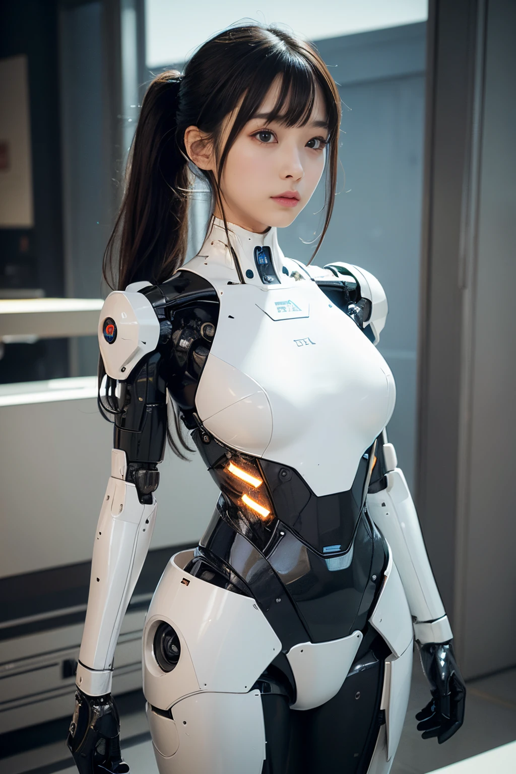masterpiece, best quality, extremely detailed, (photorealistic:1.4), (RAW photo) (RAW photo) (8K, 4K, Best Quality, hight resolution, 超A high resolution:1.1), (masutepiece, Realistic, Photorealsitic:1.1), 1girl in, Japaese Cyborg girl,Plump , control panels,android,Droid,Mechanical Hand, Robot arms and legs, Black Robot Parts,Black hair,Mechanical body,Blunt bangs,White robotics parts,perfect robot girl,future information counter,reception,long tube,thick cable connected her neck,ceramic body ,mechanical body, ear antenna,mechanical ear cover, loose boots,mechanical costume,android,robot,humanoid,cyborg,information office,japanese android receptionist ,mechanical chest,full eyes,