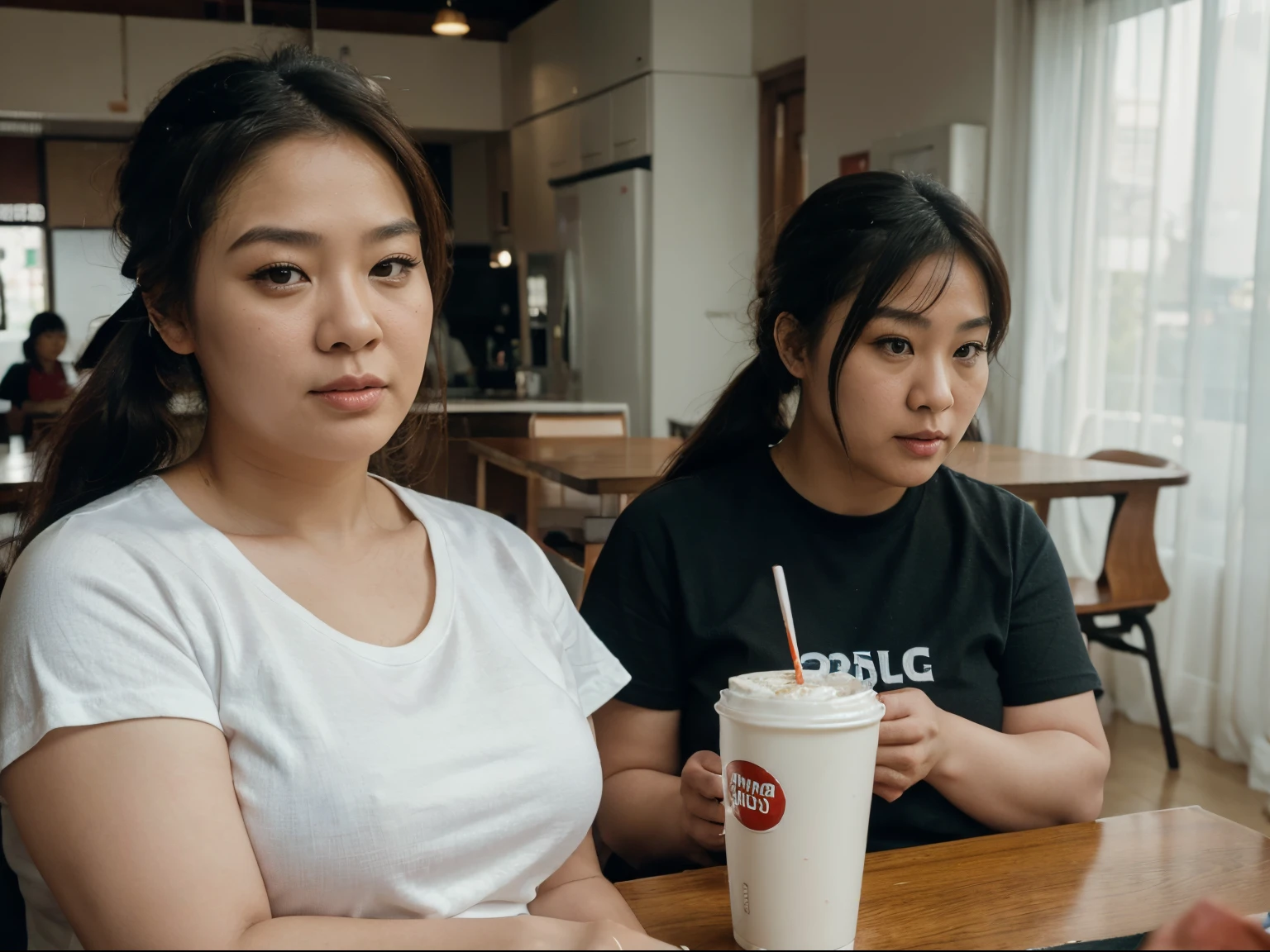 8k ultra-detailed, best quality, cinematic shot, masterpiece:1.3, sharp focus:1.5, photorealistic:1.3, portrait, fat Asian lady, 50 years old, double-chin, pony-tail hair, white T-shirt, sitting beside table, KFC on table