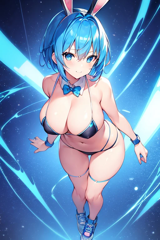 1girl, blue hair, ?????????????, bunny ears, rabbit ears, wide ????, blue eyes, short hair, very short hair, science-fiction, tech, futuristic, machinery, full body, neon trim, ??????, black ??????, light smile, shoes, sneakers, blue trim