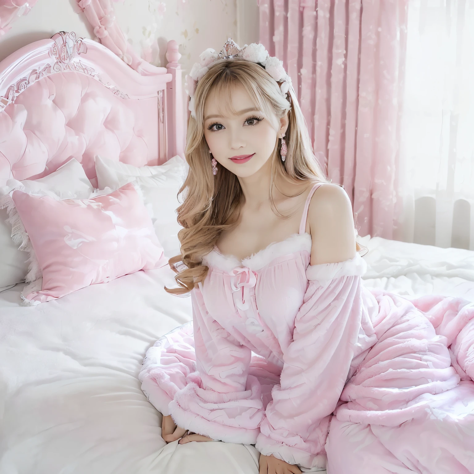 ((top-quality、masutepiece、8K、Top image quality))、(1 photo:1.5)、Highly saturated、Vivid、Very bright、1 princess、(plain pink cinderella pajamas:1.5)、(loose oversized pajamas:1.3)、(Upper body shot of a woman sitting on a bed:1.5)、(Upper body photo:1.5)、(The happiest smile:1.2)、View me、waved hair、(The background is a very large pink and white room:1.3)、(A cute pink and white room recreated in detail:1.5)、(Rooms with a sense of openness:1.3)、clean and comfortable、lipsticks、Perfect makeup、fancy colored contacts、long eyelashes、de pele branca、(accurate anatomy:1.3)、(huge pink bed:1.3)、(Cute curtains:1.2)、(The vase is decorated with roses:1.1)、(White fur carpet:1.2)、(Cute stuffed animal:1.2)