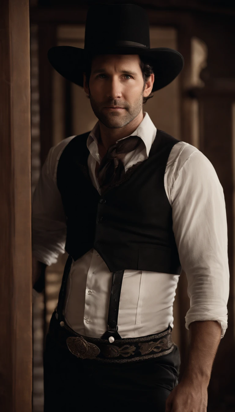 paul rudd, male with a black cowboy hat, naked, vintage posing, full body, black lace garter and lace underwear, various poses, HD 8k high quality, gay