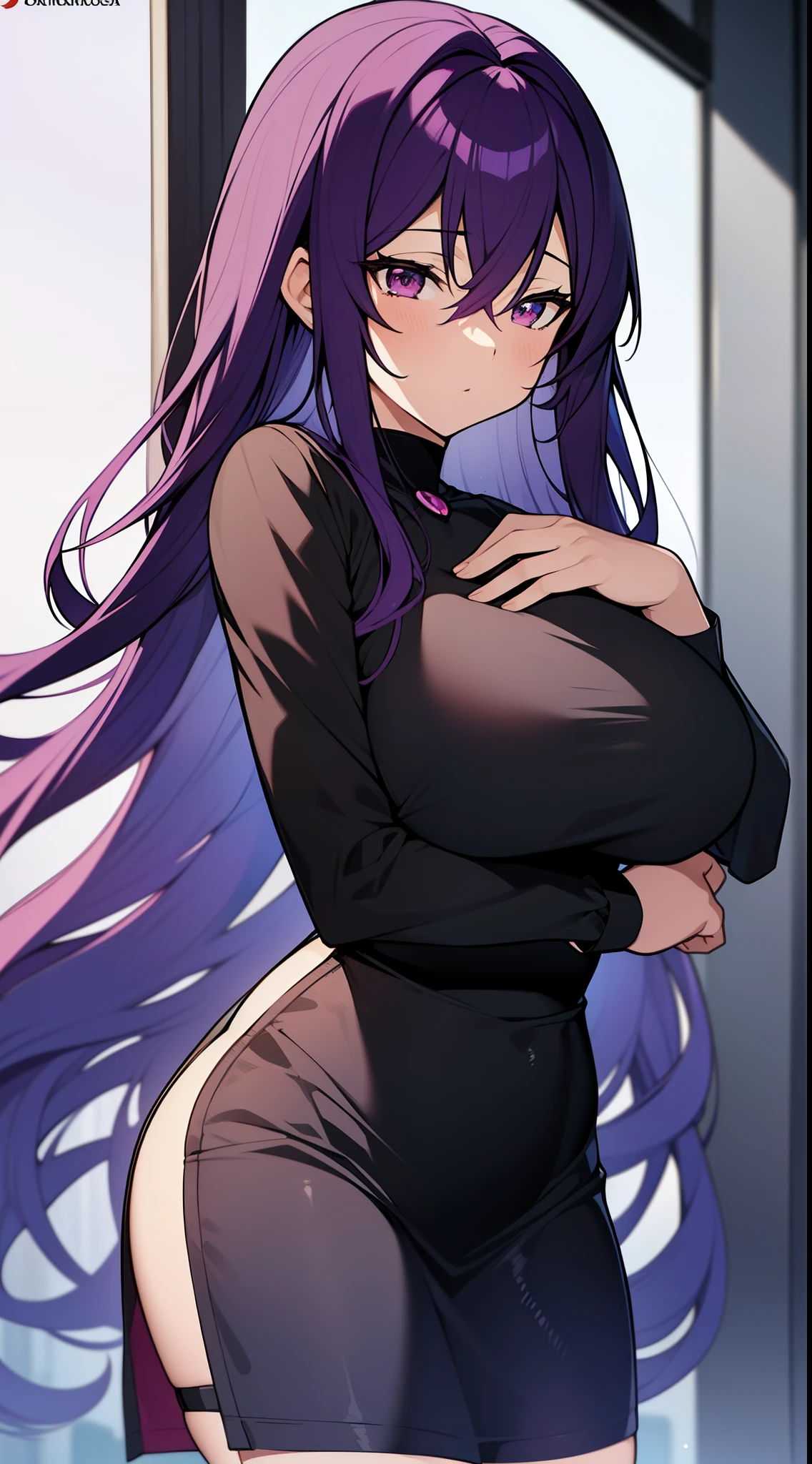 Suko Kusanagi，Purple colored hair, red eyes,Anime style woman wearing black tights， anime《Fantasma na Concha》Curly, kusanagi, Misato Katsuragi, Inspired by Morikage Hisumi, anime, Fantasma na Concha, Ghost in the Shell style,seductive anime girls, Anime cute art style, smooth anime cg art, thicc, Anime girl wearing black dress, photorealistic anime girl rendering, ECCHI anime style, realistic anime 3D style, attractive anime girls,  [ 4K digital art ]!!