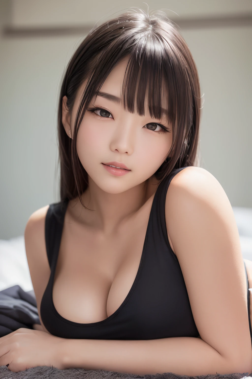 (8K、Raw photography、top-quality、masterpiece:1.2)、(realisitic、Photorealsitic:1.37)、ultra-detailliert、超A high resolution、1人、see the beholder、beautifull detailed face、A smile、Constriction、(Slim waist) :1.3)、The shirt、Beautiful detailed skin、Skin Texture、profetional lighting、large full breasts、White sleeveless、Look,The upper part of the body、a bed、Lie on your back