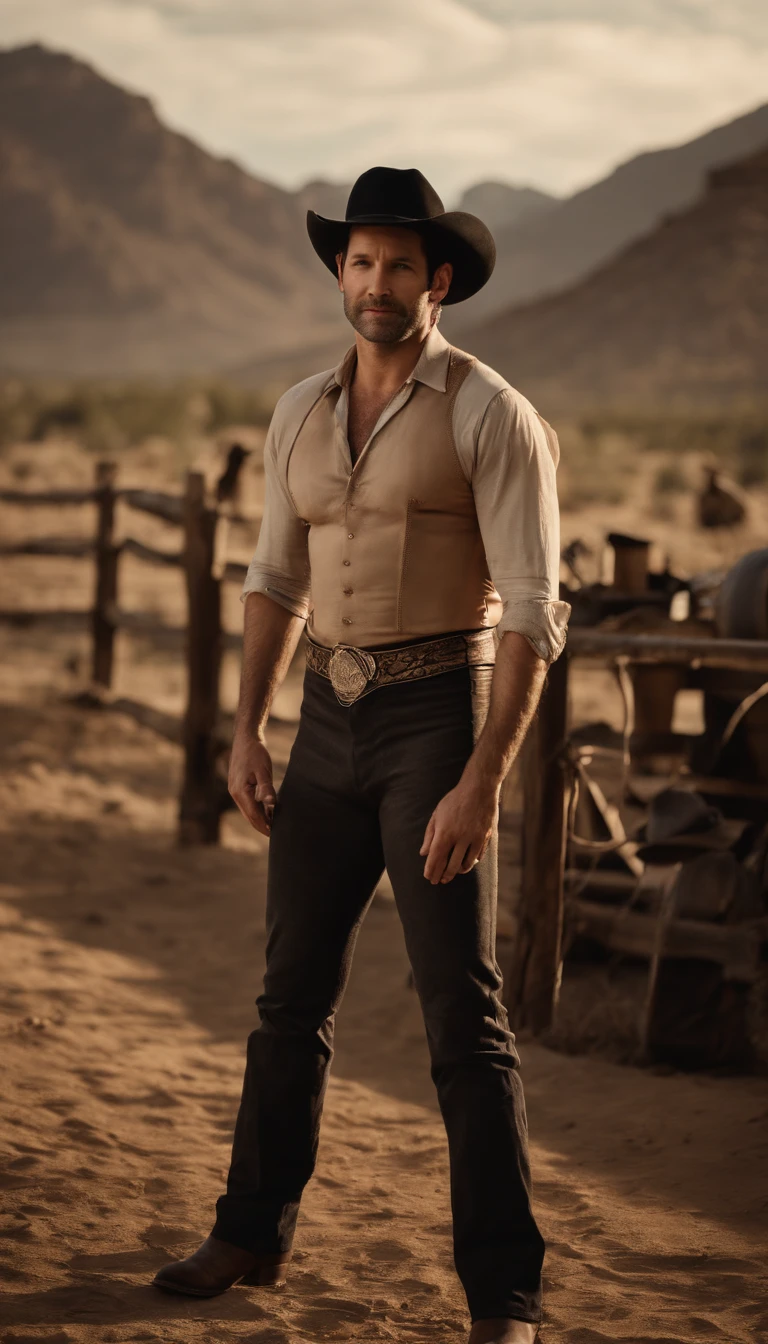paul rudd, male with a black cowboy hat, naked, vintage posing, full body, black bootstraps and lace underwear, various poses, HD 8k high quality, gay