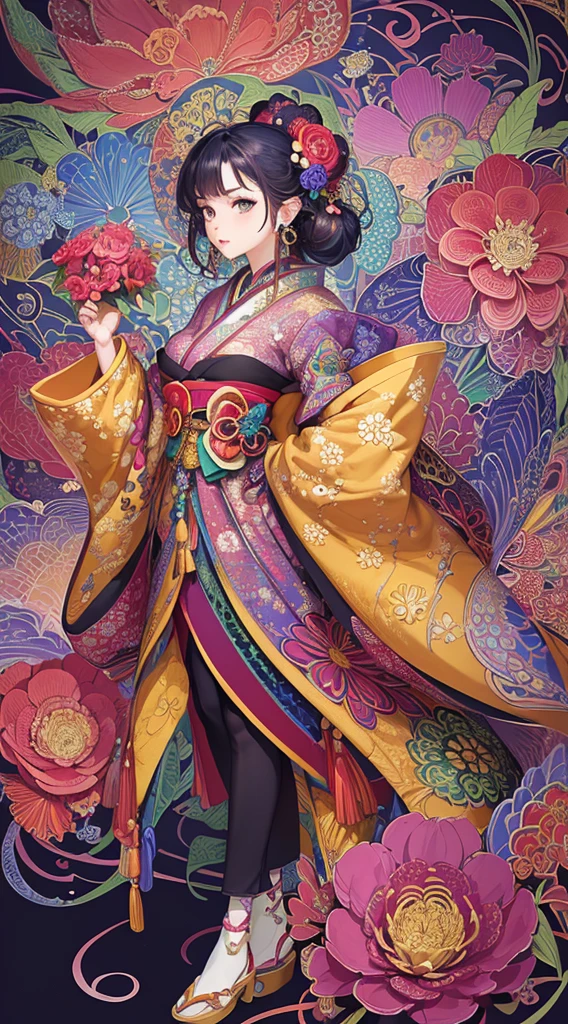 (masterpiece, top quality, best quality, official art, beautiful and aesthetic:1.2), (1girl:1.3), extremely detailed,(fractal art:1.1),(colorful:1.1)(flowers:1.3),highest detailed,(zentangle:1.2), (dynamic pose), (abstract background:1.3), (Japan Traditional cloth:1.2), (shiny skin), (many colors:1.4), ,(earrings:1.4),