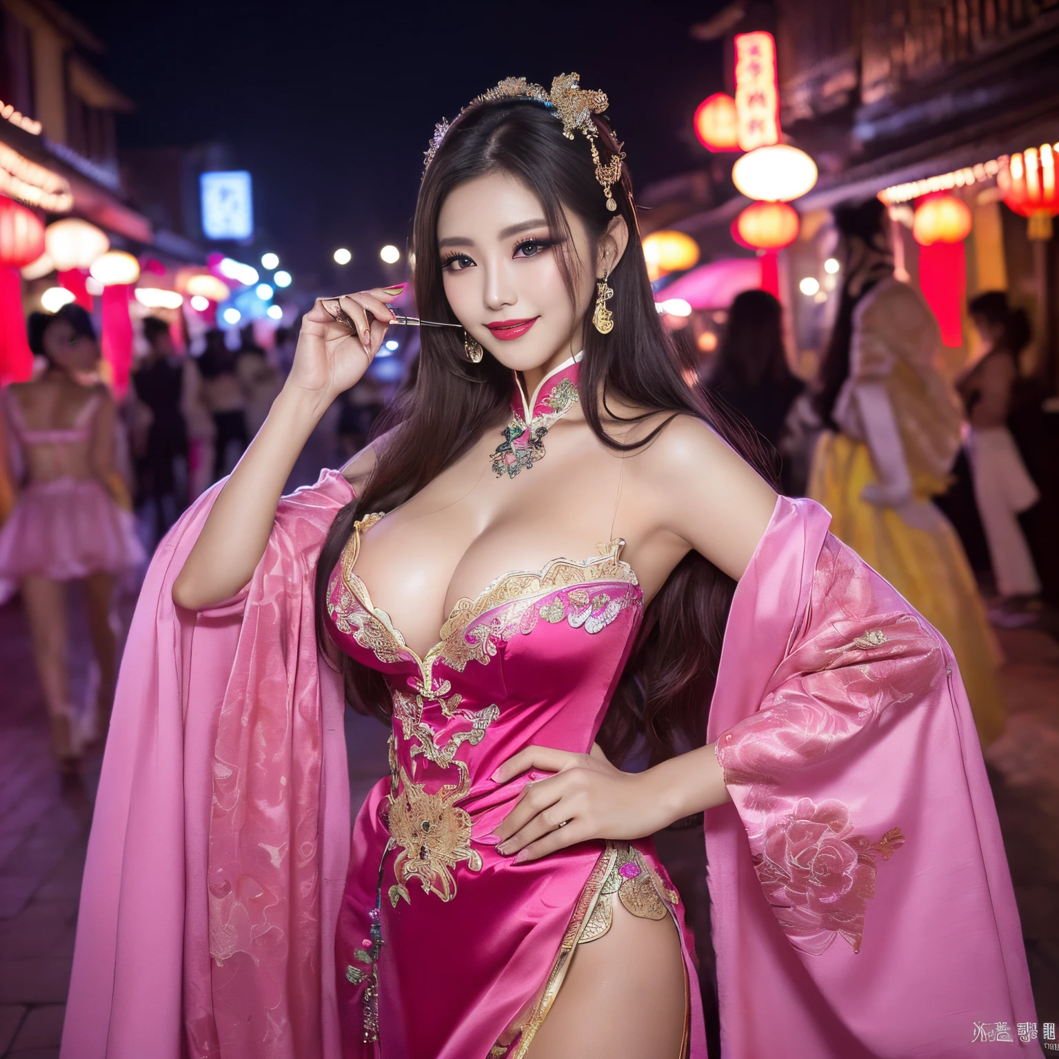 ((top-quality、masutepiece、8K、Top image quality、Highly complex and detailed depictions))、(Photos of the most gorgeous Chinese prostitutes:1.5)、Chinese garrison house at night、((Huge costumes of the most gorgeous Chinese prostitutes、the most vivid and luxurious costumes、big long costume、The most luxurious and huge garrison、An unimaginably luxurious garrison、purple and pink garrison、Depicted with a huge and luxurious garrison in the background、Huge guruhouse at midnight、Very complex decoration、very clear garrison))、(View me、Bewitching smile、Perfect makeup、long eyelashes、pink lipsticks、Pink eyeshadows、perfect anatomia、Biggest smile)、(A clear background of a huge garrison:1.3)