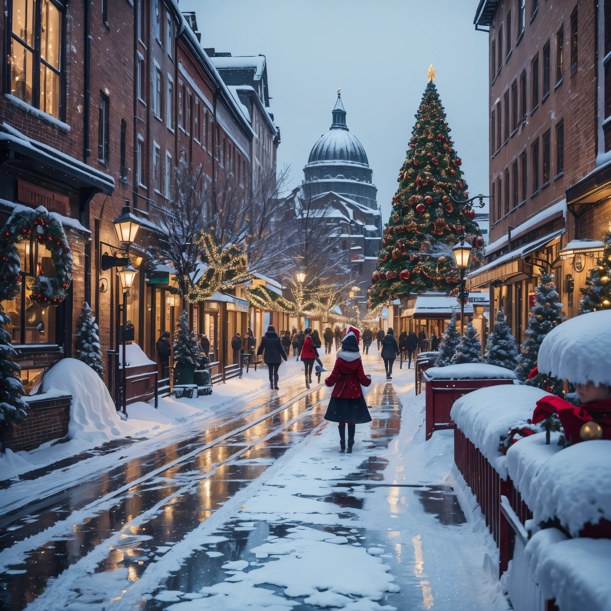 Christmas, 8k, ultra detailed , best quality, urban city, christmas decoration, christmas attire, busy people walking, fairies flying around, elves walking around, snow, winter, beatiuful snowflakes, ice melting covered street reflecting the city