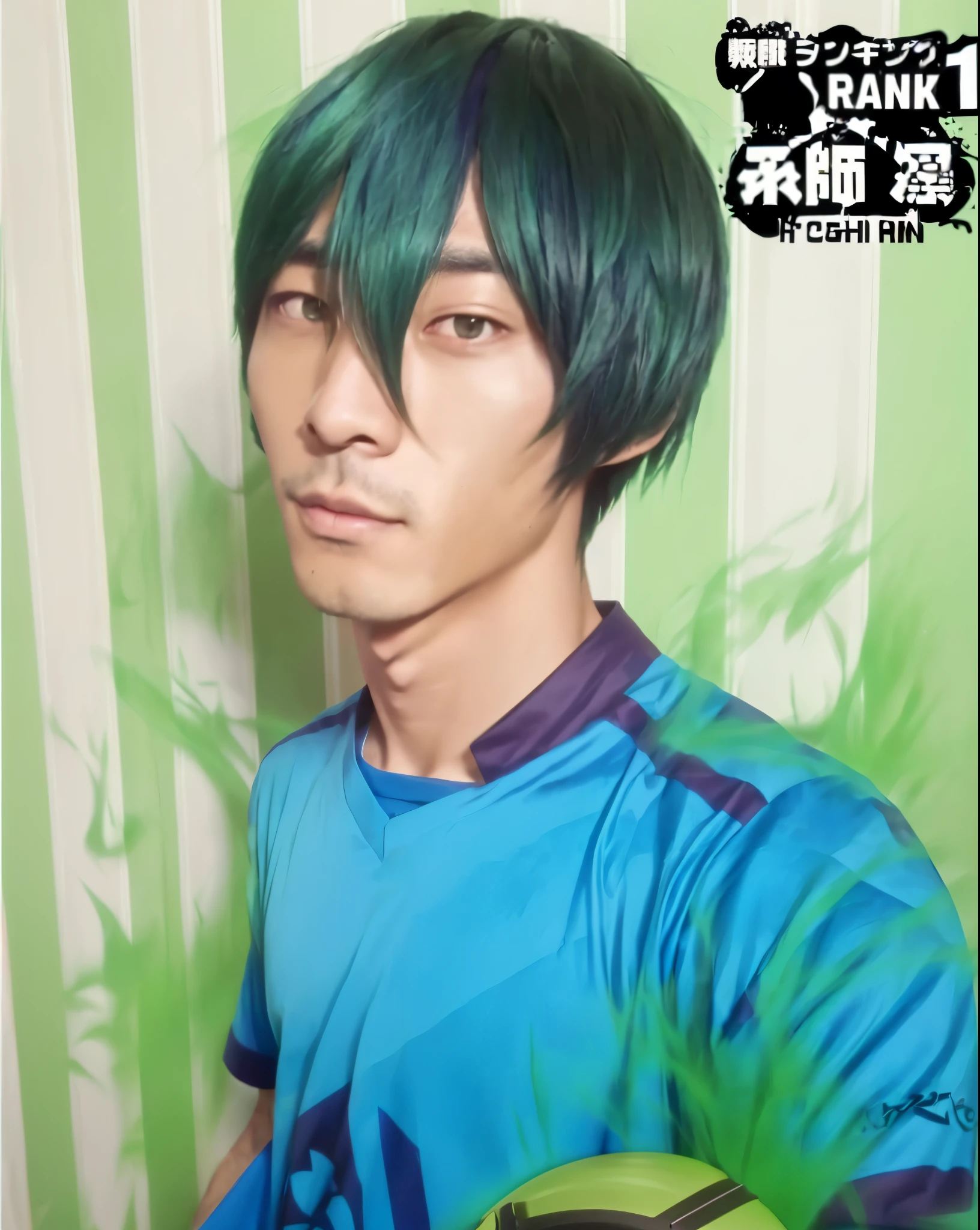 arafed image of a man with a green hair and a blue shirt, as an anime character, rin, inspired by Un'ichi Hiratsuka, handsome japanese demon boy, rei hiroe, keqing from genshin impact, anime cosplay, fukaya yuichiro, live2d virtual youtuber model, nobutaka ike, tsukasa hojo