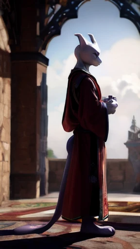portrait mewtwo wearing red mage robes and hovering above the ground, intricate, photorealistic, highly detailed, 8K, stoic,