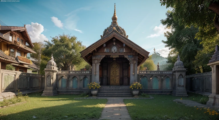 "Create a stunning concept art illustration of a Hindu temple set in the lush landscapes of the Swiss medieval village of Sharp Details. Imagine a backdrop of a vibrant mess jungle, ornate architecture with intricate details, and colorful flowers in the foreground. Capture the atmosphere and vibe with volumetric lighting, sunbeams, and particles, drawing inspiration from the works of artists like Greg Rutowski, Jean-Baptiste Monge, Gilles Beloeil, Tyler Edlin, Marek Okon, and the cinematic style of Pixar. Infuse the scene with a comic book aesthetic, incorporating golden ratio and perfect composition principles. Aim for a masterpiece that combines elements of trending art on platforms like ArtStation, utilizing oversaturated colors, epic realistic rendering, HDR effects, and the level of detail seen in Rutkowski's work. This should be a visually intricate and cinematic representation of a Hindu temple in Switzerland, capturing the essence of the culture and surroundings."