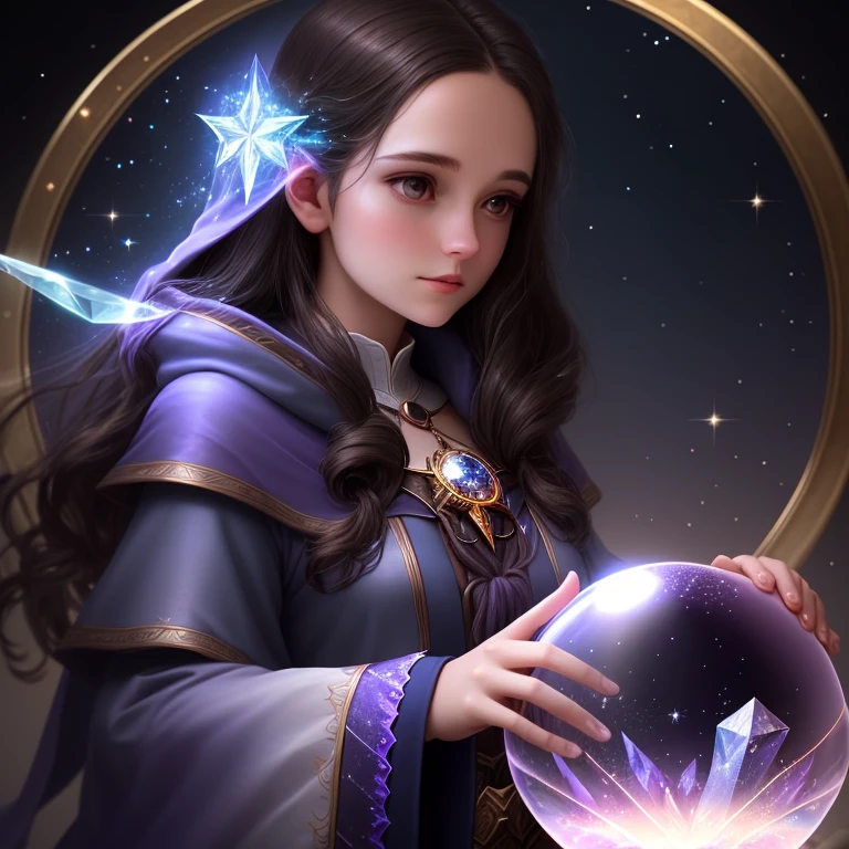 wizard mage focused woman young adult ethereal celestial gazing into crystal ball. background dark simple. lots of sparkles