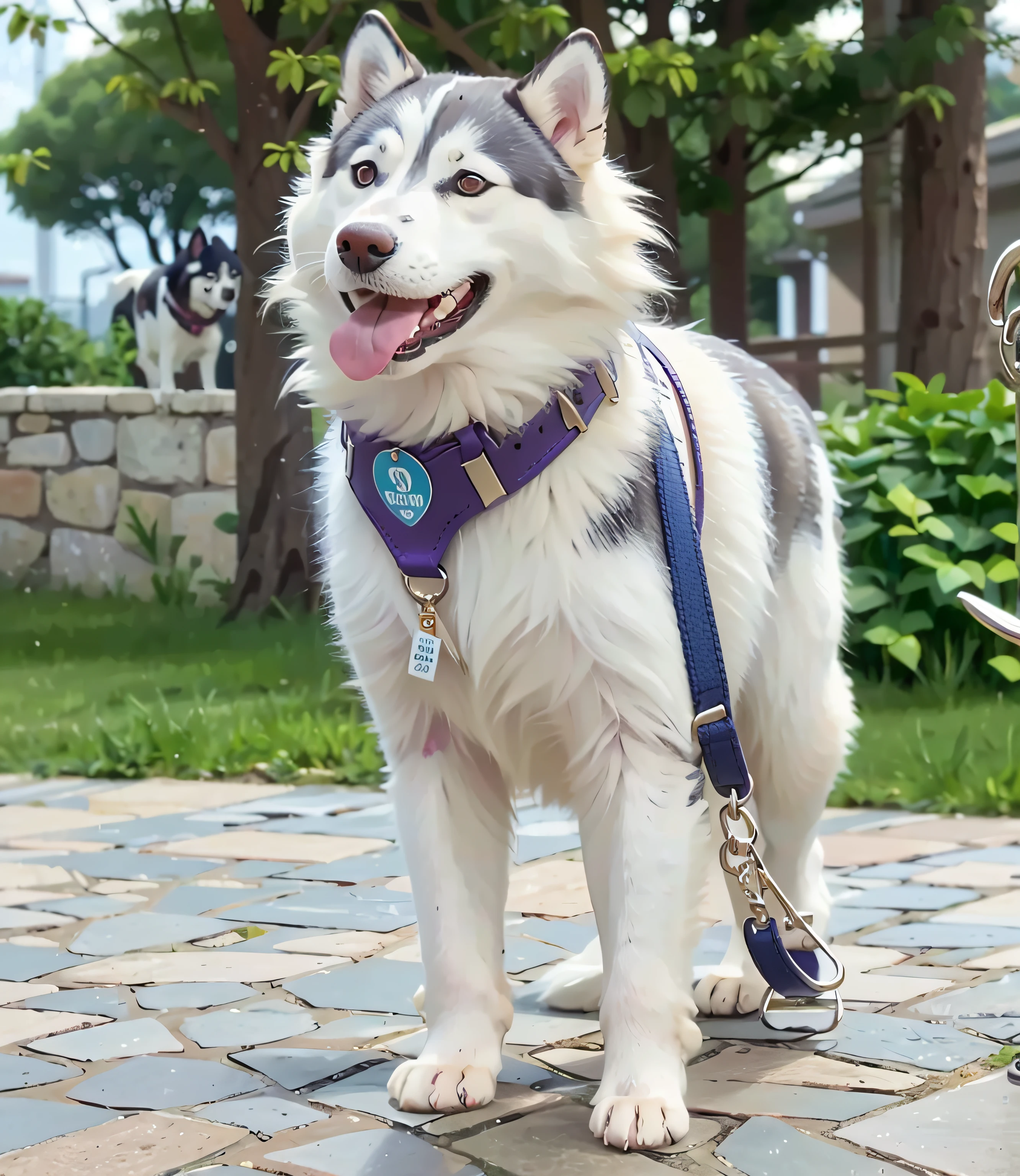 araffe dog with a purple collar and leash standing on a stone patio, siberian husky, husky dog, husky, samoyed dog, husky in shiny armor, princess 'kida' kidagakash, a handsome, extremely handsome, handsome girl, proud look, very handsome, proud looking away, with a white muzzle, cute dog, handsome prince, ((wearing name tag named winston))