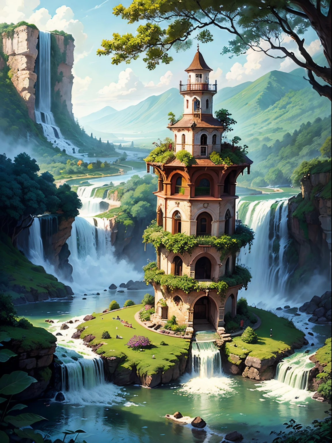 A tower of obisidian in the middle of the painting surrounded by a gracious garden, with big waterfalls around the garden