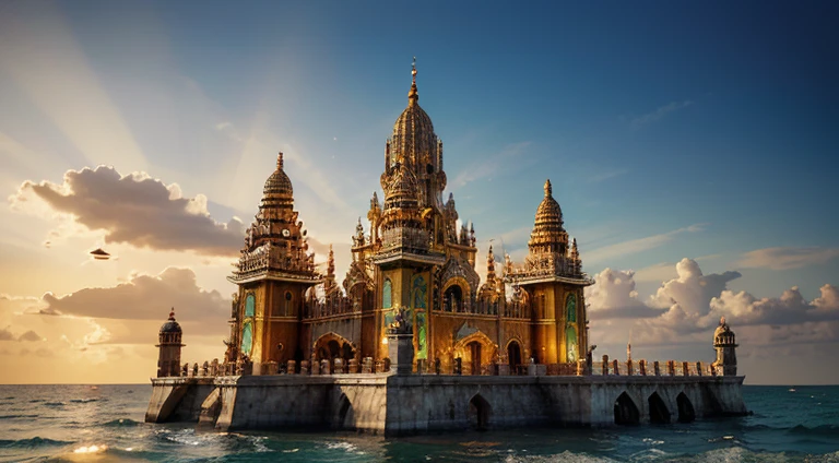 "Craft a compelling illustration depicting the sacred city of Dwarka, dedicated to Lord Vishnu. Envision a scene with intricate details of the Dwarkadhish Temple, surrounded by the vibrant colors of the ocean and the city. Capture the divine atmosphere with rays of sunlight, giving prominence to Lord Vishnu's presence. Draw inspiration from traditional Hindu art styles, incorporating elements such as ornate architecture, intricate carvings, and a spiritual aura. Infuse the composition with a sense of divinity and reverence, paying attention to the cultural and religious significance of Dwarka. Consider incorporating artistic influences from renowned Hindu art creators and emphasize the sacredness of this holy city dedicated to Lord Vishnu."