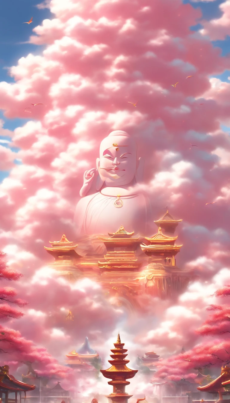 The Stable Diffusion prompt is: "(masterpiece),(best quality),Chinese style,sky with thick clouds, and a massive translucent white jade Maitreya Buddha statue was formed in the sky, with thick clouds surrounding it, and the sun was shining brightly. Pilgrims on the road. The image is ultra-photorealistic(1.2), ultra-detailed, realistic(1.37), pink orchid(1.1), 8k resolution, highres, a masterpiece:1.2, ultra-fine, (OC renderer)."