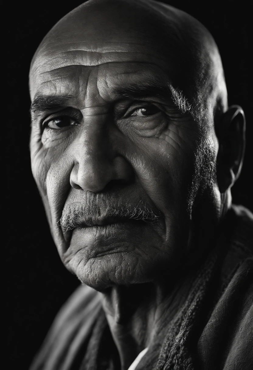 An old Maori man, with a close-up view, showcasing his bald head and wrinkled skin. The focus is on capturing the finest details, emphasizing the man's wisdom and experience. The prompt includes the following components: 
(best quality, ultra-detailed, realistic, highres:1.2), portrait, black and white, studio lighting, aged face, deep wrinkles, weathered skin, sparkling eyes, prominent cheekbones, texture, character lines, facial hair, accurate depiction of the man's features, strong jawline, distinctive nose, kind expression, wisdom, moustache, fine details in the eyes, intense stare, minimalistic background, contrast, strong composition, dramatic lighting, emotional depth.