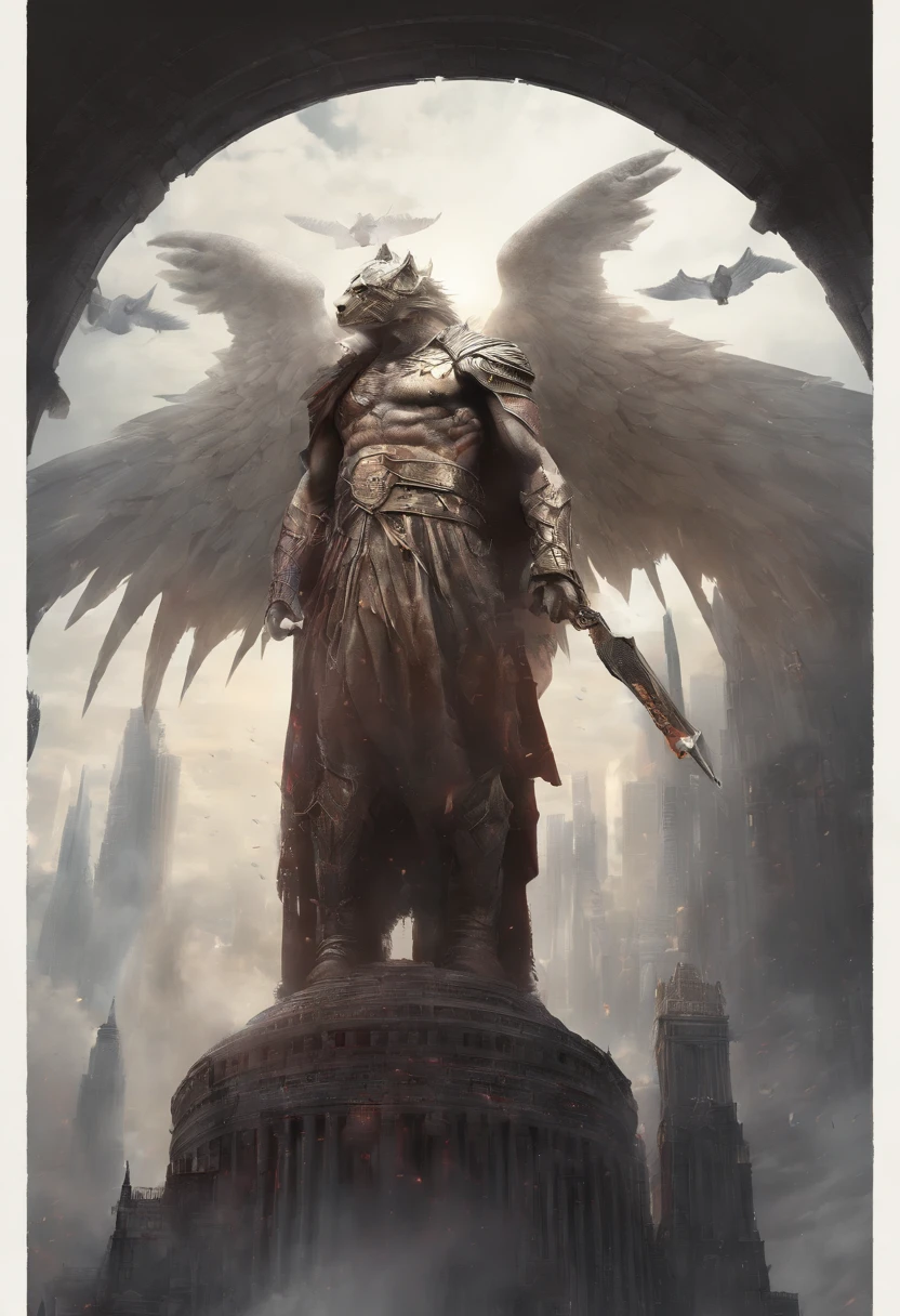 angelic and demonic battle, apocalyptic showdown, (masterpiece, high resolution, high quality, ultra realistic:1.2), heavenly and hellish creatures, intense light and shadow, epic clash, surreal landscape, dramatic composition, vivid colors, divine radiance, eerie darkness, fiery explosions, intricate details, supernatural beings, godly powers, sinister atmosphere