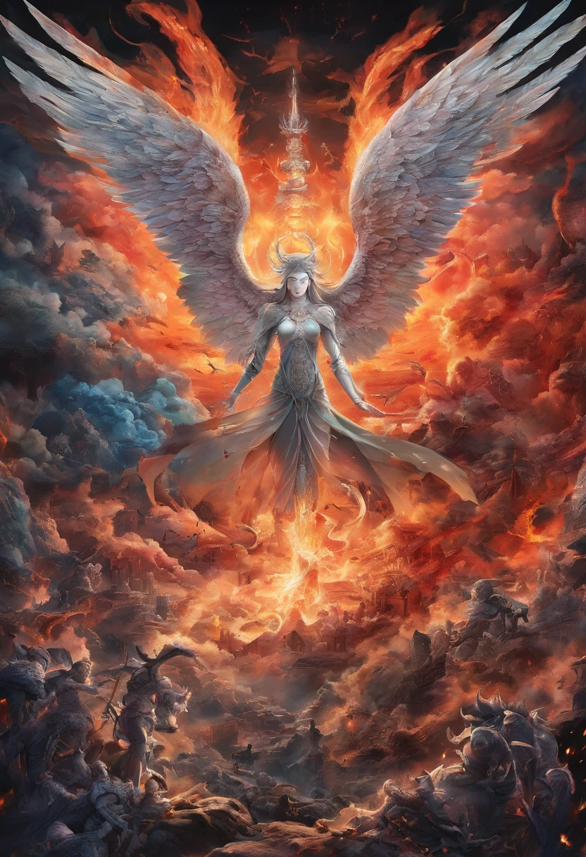 angelic and demonic battle, apocalyptic showdown, (masterpiece, high resolution, high quality, ultra realistic:1.2), heavenly and hellish creatures, intense light and shadow, epic clash, surreal landscape, dramatic composition, vivid colors, divine radiance, eerie darkness, fiery explosions, intricate details, supernatural beings, godly powers, sinister atmosphere