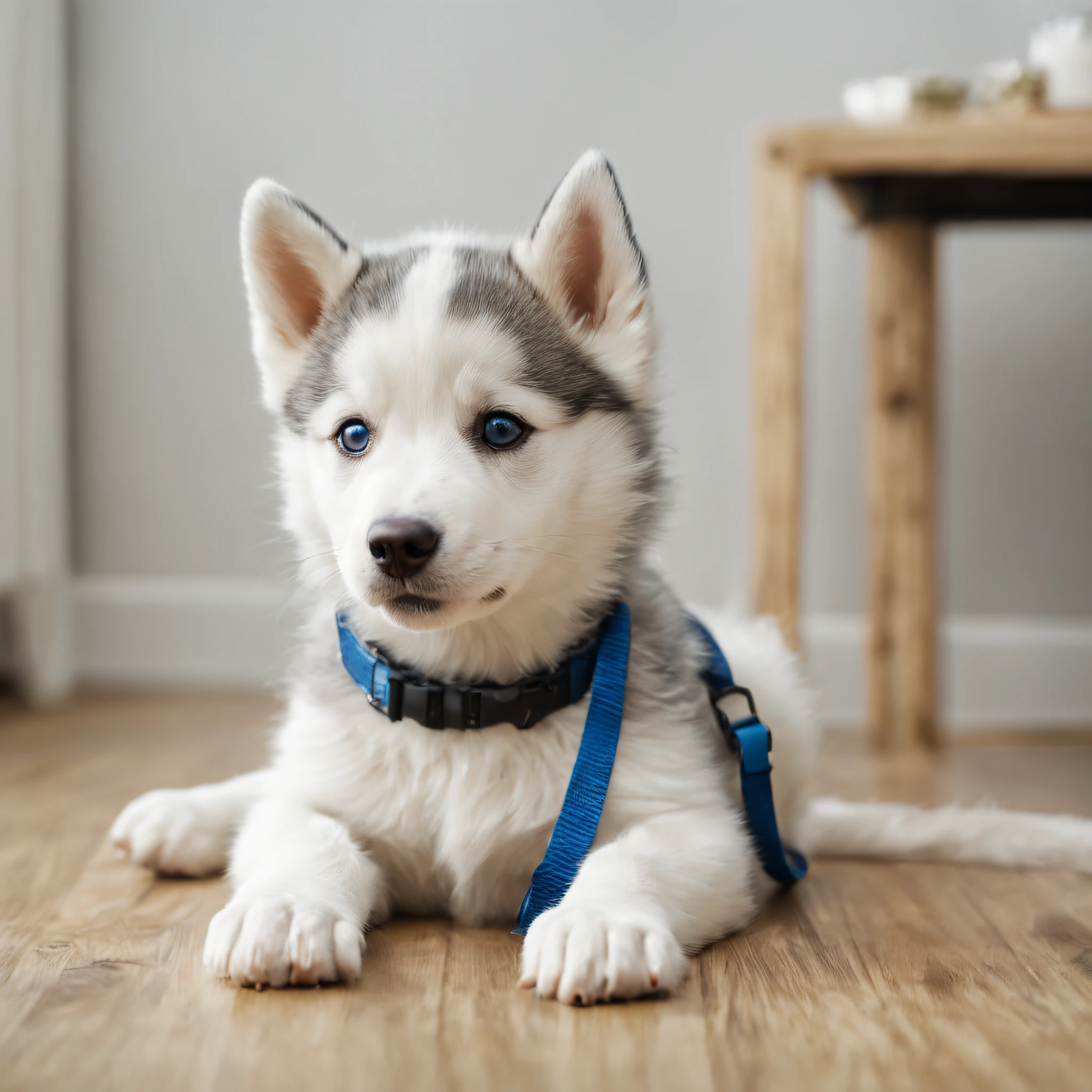 ((masterpiece, better quality)),ultra detailed 8k,photorealistic,sharp focus,very detailed,white husky puppy,blue pet leash,sit on wooden floor,kitchen as a background