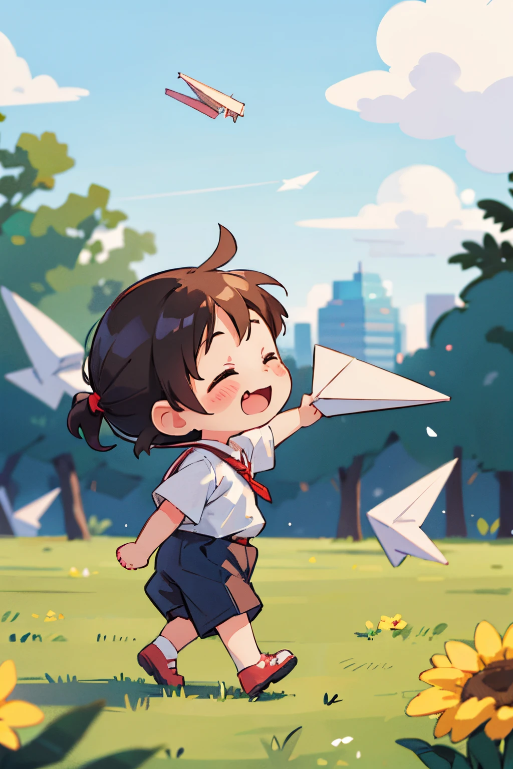 small child outdoors，portrait of a full body，5years old，((paper airplane))，happily laughing，mini cute toddler、Taken from the side、Bokeh effect strong