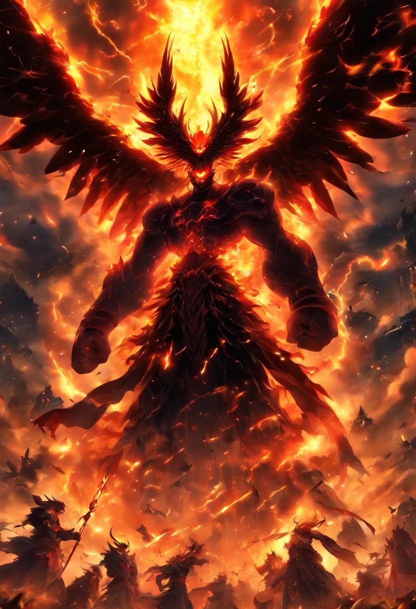 angelic and demonic battle, apocalyptic showdown, (masterpiece, high resolution, high quality, ultra realistic:1.2), heavenly and hellish creatures, intense light and shadow, epic clash, surreal landscape, dramatic composition, vivid colors, divine radiance, eerie darkness, fiery explosions, intricate details, supernatural beings, godly powers, sinister atmosphere