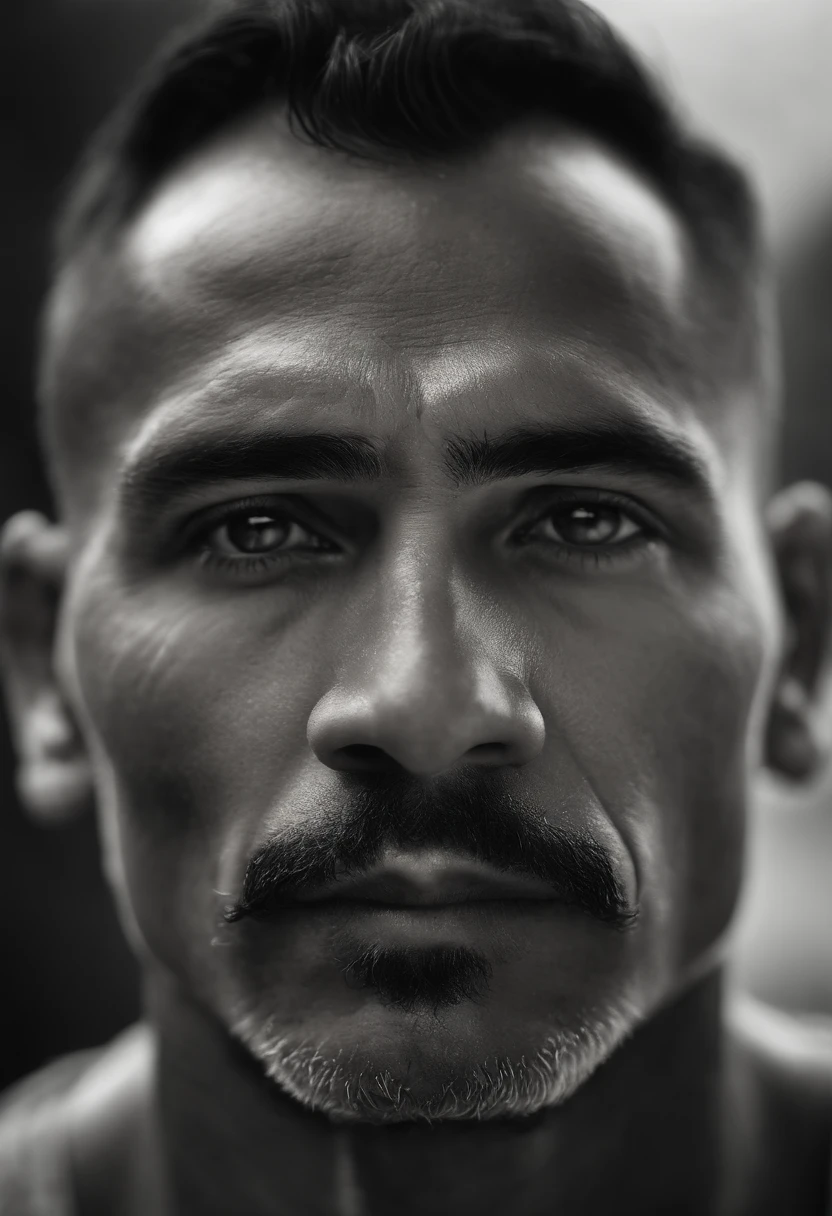 A young Maori, tattooed, with a close-up view, showcasing his bald head and wrinkled skin. The focus is on capturing the finest details, emphasizing the man's wisdom and experience. The prompt includes the following components:
(best quality, ultra-detailed, realistic, highres:1.2), portrait, black and white, studio lighting, aged face, deep wrinkles, weathered skin, sparkling eyes, prominent cheekbones, texture, character lines, facial hair, accurate depiction of the man's features, strong jawline, distinctive nose, kind expression, wisdom, moustache, fine details in the eyes, intense stare, minimalistic background, contrast, strong composition, dramatic lighting, emotional depth.