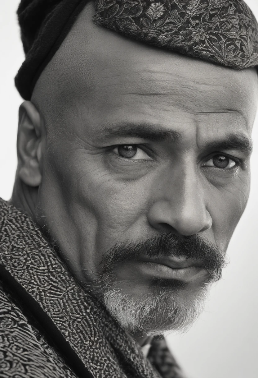 A young Maori, tattooed,  with a close-up view, showcasing his bald head and wrinkled skin. The focus is on capturing the finest details, emphasizing the man's wisdom and experience. The prompt includes the following components: 
(best quality, ultra-detailed, realistic, highres:1.2), portrait, black and white, studio lighting, aged face, deep wrinkles, weathered skin, sparkling eyes, prominent cheekbones, texture, character lines, facial hair, accurate depiction of the man's features, strong jawline, distinctive nose, kind expression, wisdom, moustache, fine details in the eyes, intense stare, minimalistic background, contrast, strong composition, dramatic lighting, emotional depth.
