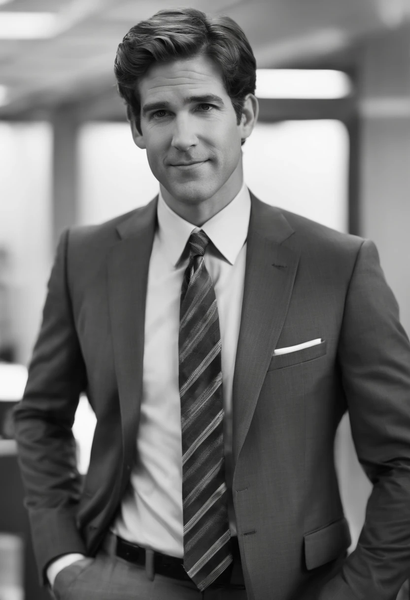 A photo of Jim with a ,The Office (U.S. TV series),Jim Halpert, a fictional character from the U.S. television series “The Office,” is portrayed as a tall, lean figure with a boyish charm, often seen in standard office attire: a simple button-up shirt and tie. His hair is typically styled in a casual, slightly unkempt fashion, complementing his laid-back and approachable demeanor., male