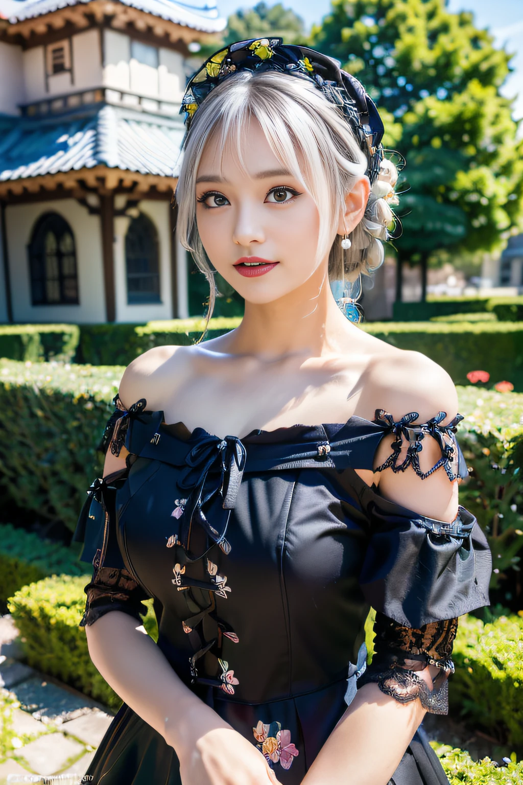 (ukiyoe painting:1.3),(3D Animation:1.3),(((Gothic ta Fashion:1.3)),(((lace off shoulder dress))),(((Costume with intricate lace details))),(Emphasis on the chest:1.3),(europe castle background:1.3),(Flower bed with colorful flowers in the garden),(Make the subject look three-dimensional with the contrast of light and shadow),Cute and beautiful girl,Cute round face,Cute smile,with blush cheeks,Red Lip,(silver white hair,Floral braided headband,half up、Floral Braided Space Van,Voluminous Fishtail Braids,Twisted chignon,),(Bangs are see-through bangs),hair pin,hair adornments,detailed clothes features,Detailed hair features,detailed facial features,(Dynamic angles),(Dynamic and sexy poses),profetional lighting,Cinematic Light,(masutepiece,top-quality,Ultra-high resolution output image, depth of fields,) ,(32k quality,depth of fields,Anatomically accurate facial structure,),(Sea Art 2 Mode:1.3),(Image Mode Ultra HD,)