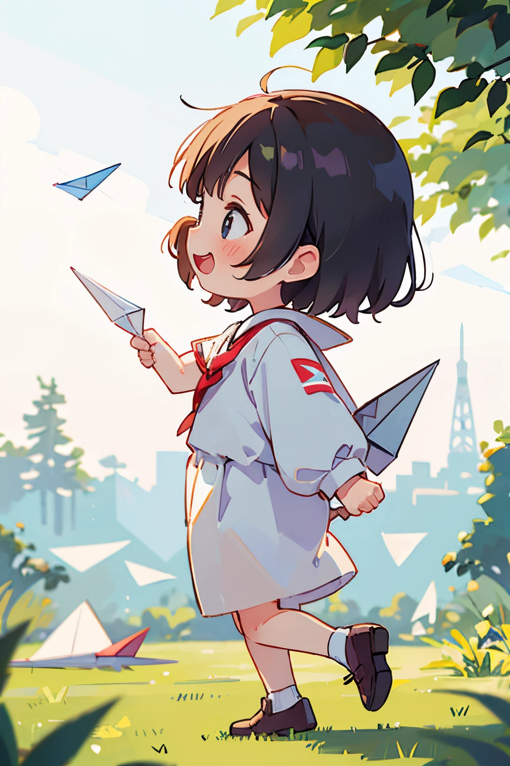 outdoors,portrait of a full body,5years old,(aper airplane)),happily laughing,mini cute toddler、Takenrom the side、Strong bokeh