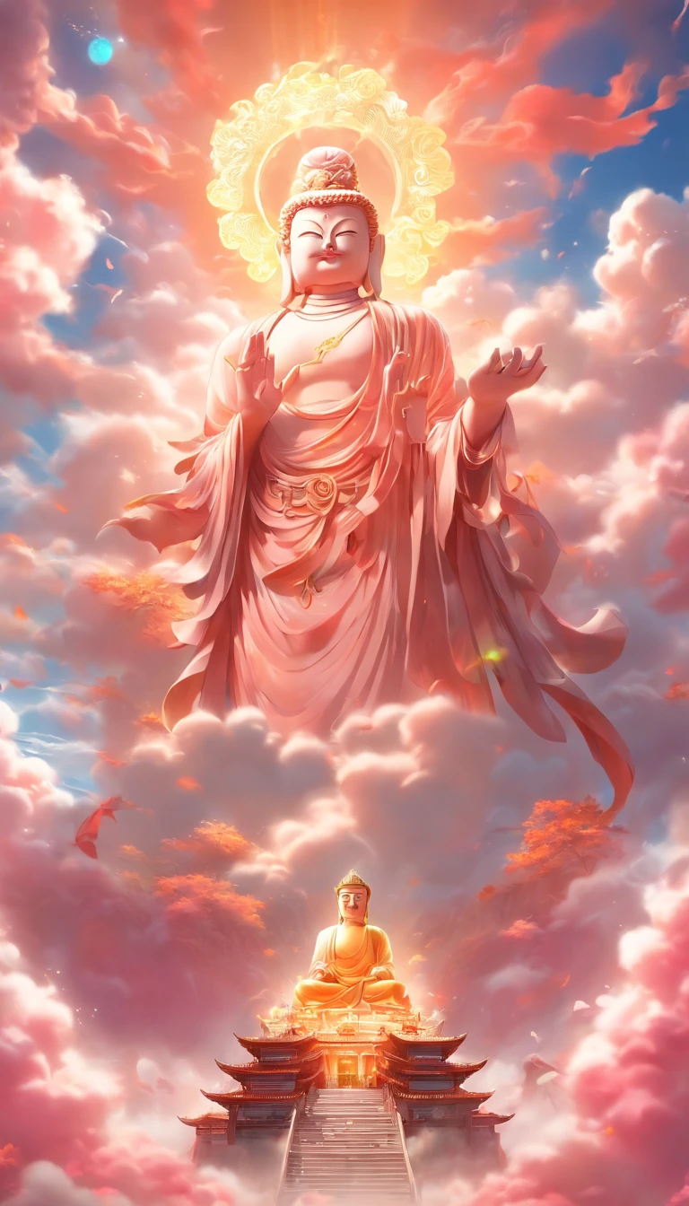 ((Masterpiece)),(Best quality)),China-style,In the sky, The clouds form a huge transparent glowing white jade Maitreya Buddha statue,Thick clouds,The sun shines,Pilgrims on the road,Hyper-realistic,Ultra photo realsisim,Pink,8K,High definition,high qulity,Works of masters,super-fine,(((OC renderer)))