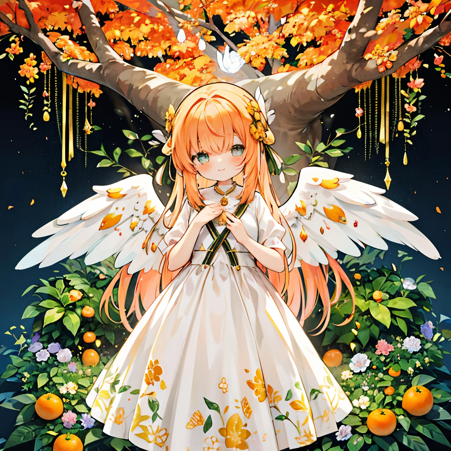 Transparent watercolor,girl with,Jewel Eyes,Beautiful arrangements and motifs、Originality、depth of fields , Fantastic, Transparency、Angel wings、orange angel、feather with orange、orange image、orange accent、Light orange hair、A slight smil、Kaneki rhinoceros、Osmanthus motif、under the old tree、Osmanthus tree、Osmanthus flowers are dancing