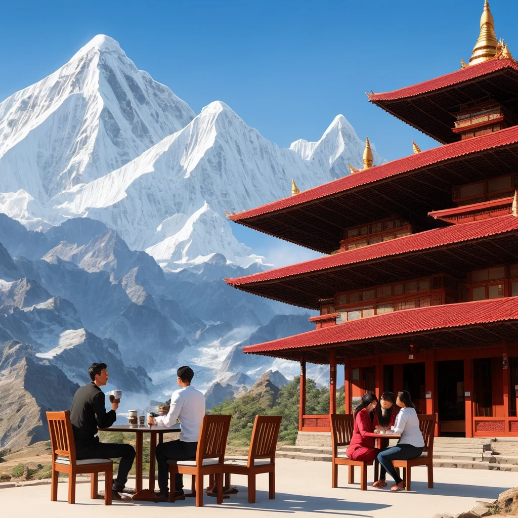 Nepal temple with mountain views couple coffee drinkin time