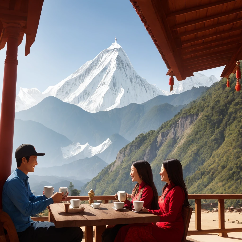 Nepal temple with mountain views couple coffee drinkin time