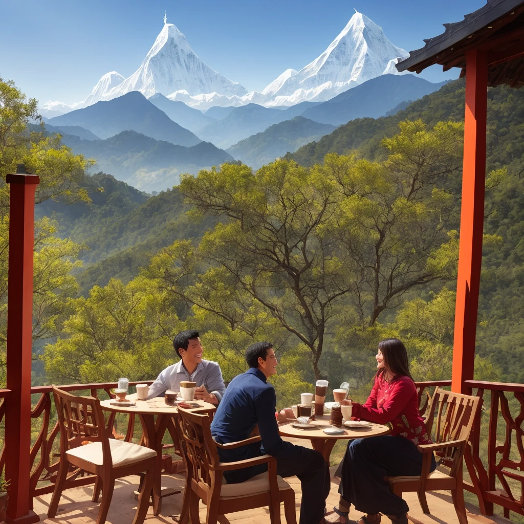 Nepal temple with mountain views couple coffee drinkin time