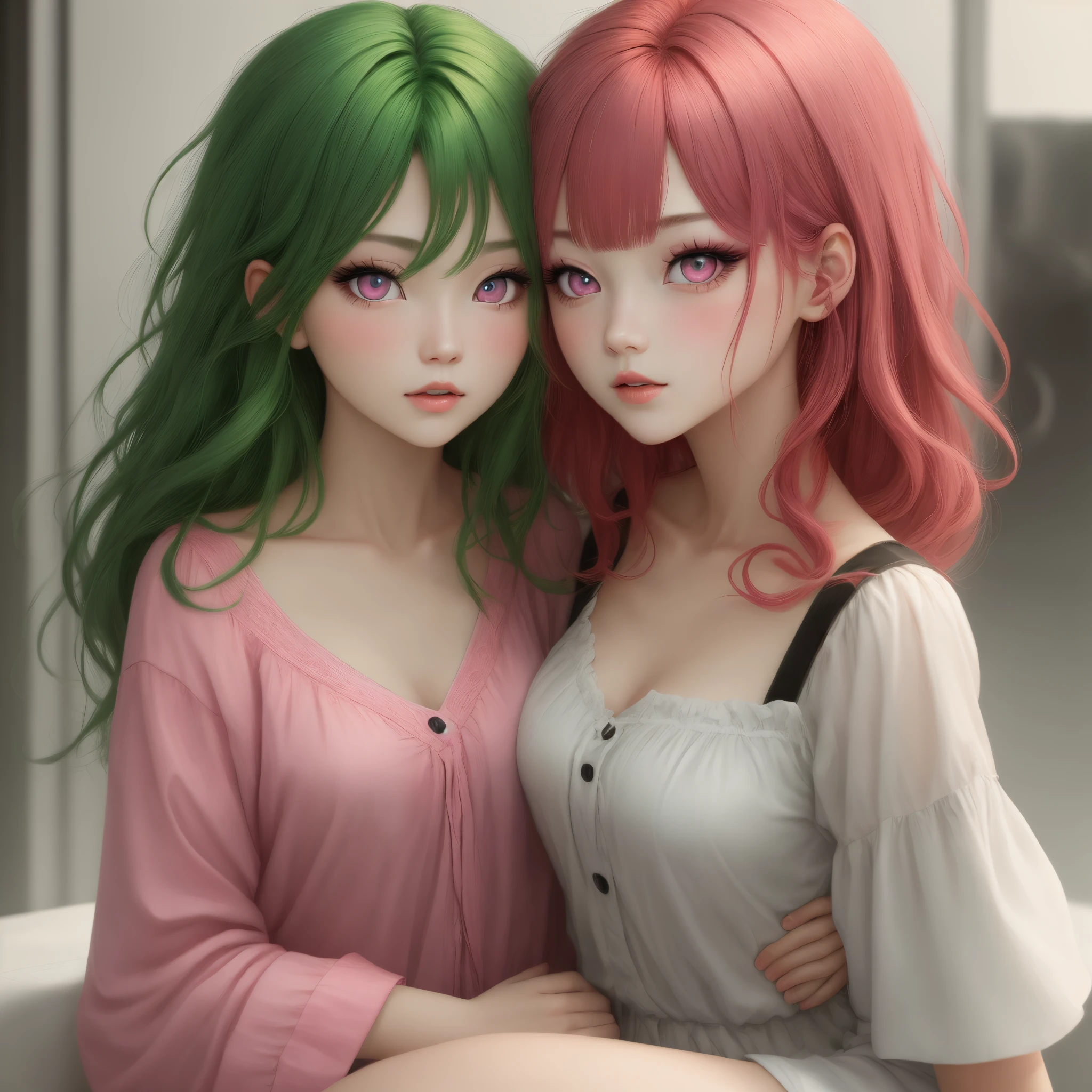 , (2girls:1.3), couple, blonde hair, pink hair, solo, long hair, light green eyes, mascara, makeup, kooking at viewer, collarbone, cleavage, forehead, very long hair, closed mouth, detailed eyes, (close up), gleaming skin, shiny glossy skin,