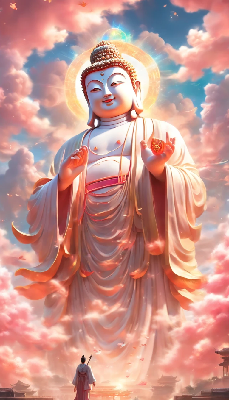 ((Masterpiece)),(Best quality)),China-style,In the sky, The clouds form a huge transparent glowing white jade Maitreya Buddha statue,Thick clouds,The sun shines,Pilgrims on the road,Hyper-realistic,Ultra photo realsisim,Pink,8K,High definition,high qulity,Works of masters,super-fine,(((OC renderer))),photographic portrait(((symmetrical)))