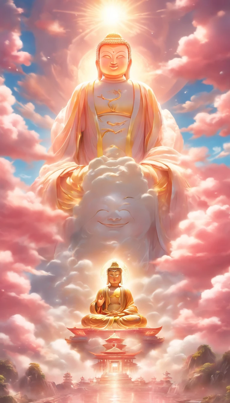 ((Masterpiece)),(Best quality)),China-style,In the sky, The clouds form a huge transparent glowing white jade Maitreya Buddha statue,Thick clouds,The sun shines,Pilgrims on the road,Hyper-realistic,Ultra photo realsisim,Pink,8K,High definition,high qulity,Works of masters,super-fine,(((OC renderer))),photographic portrait(((symmetrical)))
