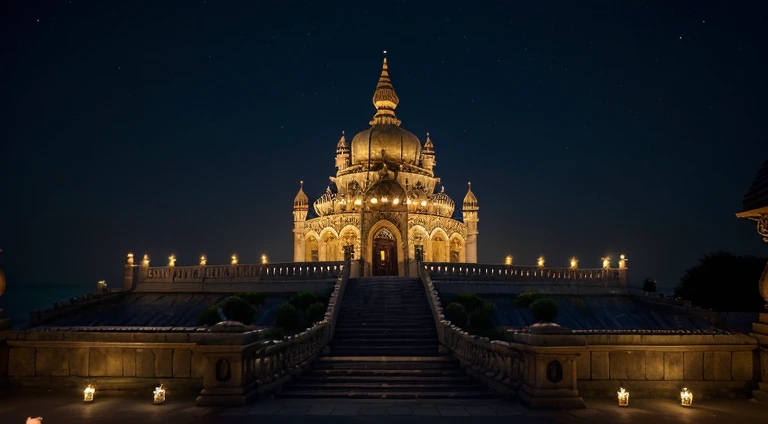 Envision Dwarka in the tranquil embrace of the night, transforming the mythical kingdom into a surreal spectacle under the moonlit sky. The cityscape is bathed in a celestial glow, with the Arabian Sea reflecting the shimmering moonlight, creating an ethereal ambiance.
Start by illuminating the grand palaces and temples with soft, golden lights, casting intricate shadows that dance across the ornate carvings. The moonlight gently highlights the architectural details, giving the structures a mysterious and divine allure. Volumetric lighting adds depth to the scene, creating a subtle interplay between light and shadow.
The central temple dedicated to Lord Vishnu becomes a beacon of radiance, with its spires reaching towards the heavens. Imagine the moonlight casting a gentle glow on the temple's intricate sculptures, creating a celestial aura that sets it apart from the surrounding structures.
The market square comes alive with the warm glow of lanterns and candles, illuminating the colorful attire of the people. The night air is filled with the soft fragrance of incense, contributing to the mystical atmosphere. Capture the quiet reverence of the inhabitants as they go about their nightly rituals, their figures bathed in the moon's gentle embrace.
The sea surrounding Dwarka reflects the starry sky above, creating a mesmerizing celestial mirror. Consider incorporating subtle bioluminescent elements in the water, hinting at the mythical and otherworldly nature of the kingdom. The night sky above is studded with stars, their brilliance enhancing the cosmic beauty of Dwarka.
Maintain the attention to detail in the architectural elements, clothing, and overall composition, drawing inspiration from artists who excel in creating nocturnal scenes. This night view of Dwarka should be a masterpiece that not only showcases the divine city but also captures the magical and serene ambiance of Lord Vishnu's kingdom under the enchanting night sky.