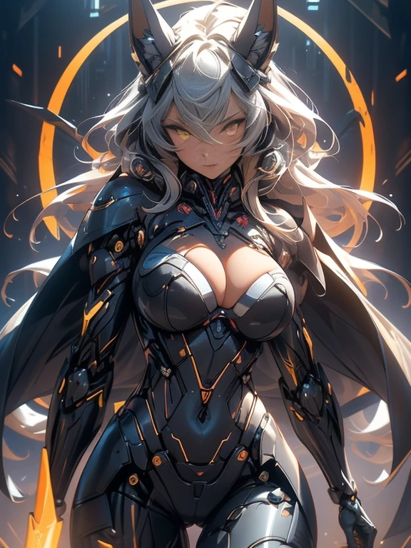 (masterpiece), (best quality:1.4), (perfect anatomy:1.4), high quality, expressive eyes, full body, tall girl, detailed face, beautiful face, perfect face, breasts, cleavage, gloves, huge breasts, cyberpunk, (black armor), long hair, ((tanned skin)), straight hair, detailed (ash gray hair), detailed eyes, (yellow eyes), fox ears, fox tail, hourglass physique, bodysuit, thick thighs, toned, emblem, superhero, dynamic lighting, 4k resolution, dynamic pose, cover, mecha musume, fortified suit, mechanical parts, headgear, robot joints, bodysuit, deva battle suit, glove