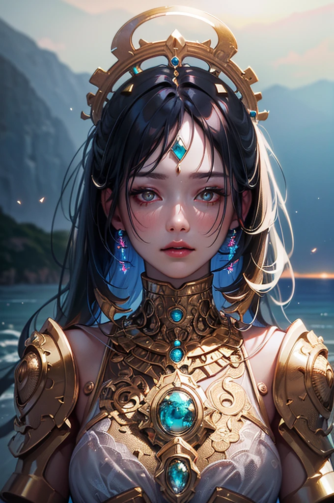 ((best quality)), ((masterpiece)), ((realistic)), portrait,
1girl, celestial, deity, goddess, light particles, halo, looking at viewer,
(bioluminescent:0.95) ocean, bioluminescent, vibrant, colourful, color, (glowing, glow),
(beautiful composition), cinematic lighting, intricate, (symmetrical:0.5), whimsical,