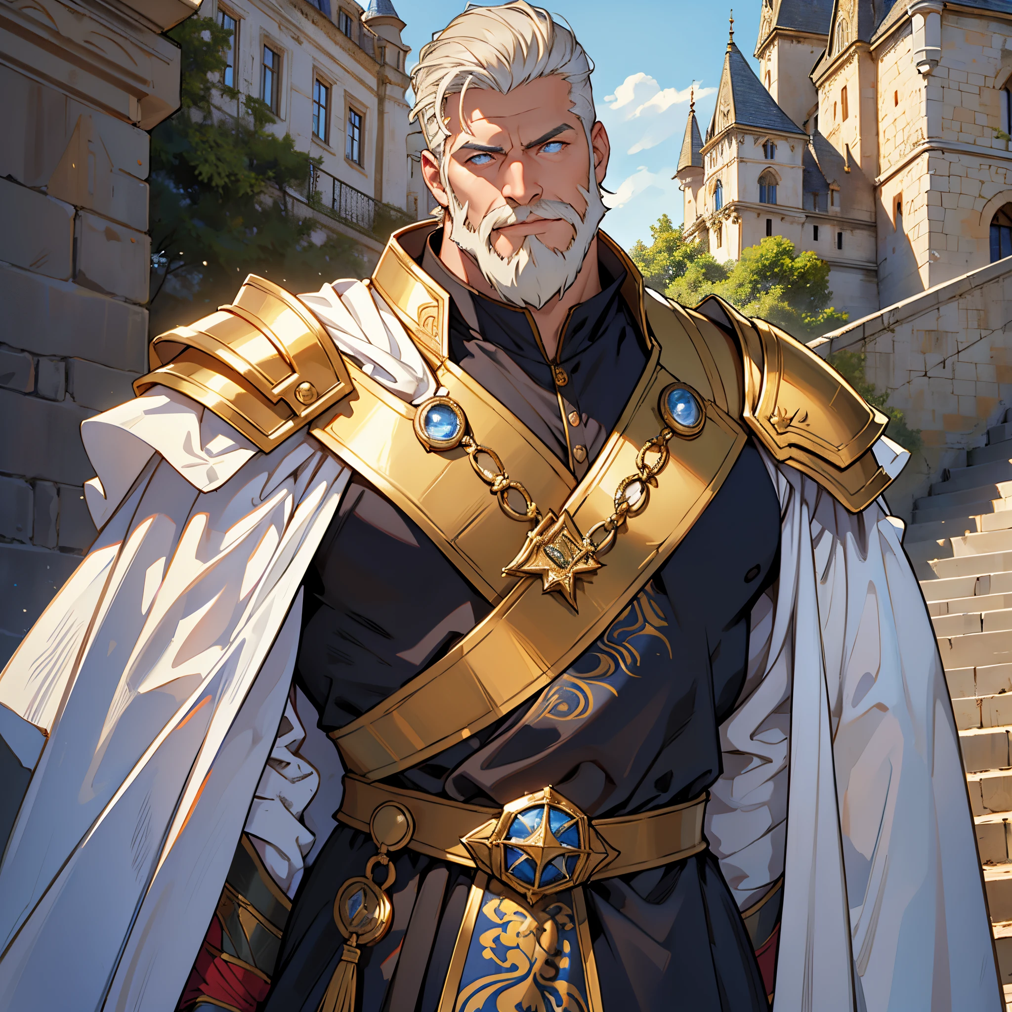 masterpiece, Best Quality, 4k, Very detailed, Close-up of a person'Upper body body, Background with:In front of the stairs of a medieval castle built on a lake, A large old emperor wearing golden armor and a white cloak...., Very short male hair with pomade, trimmed beard, Blue Eyes