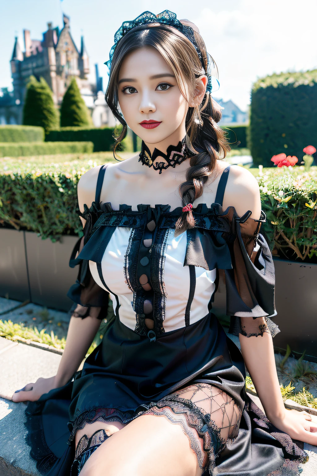 (((Gothic ta Fashion:1.3)),(((lace off shoulder dress))),(((Costume with intricate lace details))),(Emphasis on large breasts:1.3),(europe castle background:1.3),(Flower bed with colorful flowers in the garden),(Make the subject look three-dimensional with the contrast of light and shadow),Cute and beautiful girl,Cute round face,Cute smile,with blush cheeks,Red Lip,(silver white hair,Floral braided headband,half up、Floral Braided Space Van,Voluminous Fishtail Braids,Twisted chignon,),(Bangs are see-through bangs),hair pin,hair adornments,detailed clothes features,Detailed hair features,detailed facial features,(Dynamic angles),(Dynamic and sexy poses),profetional lighting,Cinematic Light,(masutepiece,top-quality,Ultra-high resolution output image, depth of fields,) ,(32k quality,depth of fields,Anatomically accurate facial structure,),(Sea Art 2 Mode:1.3),(Image Mode Ultra HD,)